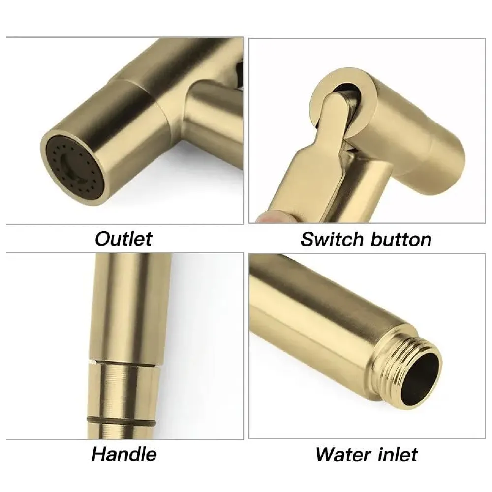 Brass Gold Health Faucet, Heavy Commode Shower, Bidget Golden Faucet with Metal 1.4 Meter Hose Bathroom Complete Set Jet Spray Premium