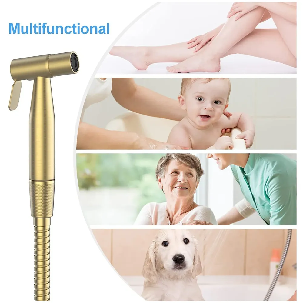 Brass Gold Health Faucet, Heavy Commode Shower, Bidget Golden Faucet with Metal 1.4 Meter Hose Bathroom Complete Set Jet Spray