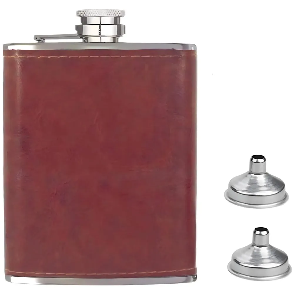 Stainless Steel Hip Flask with Faux Leather Cover – Leak-Proof Pocket Flask for Whiskey, Rum, Vodka, and Spirits – Ideal for Camping, Hiking, and Outdoor Activities 237 ML, Brown