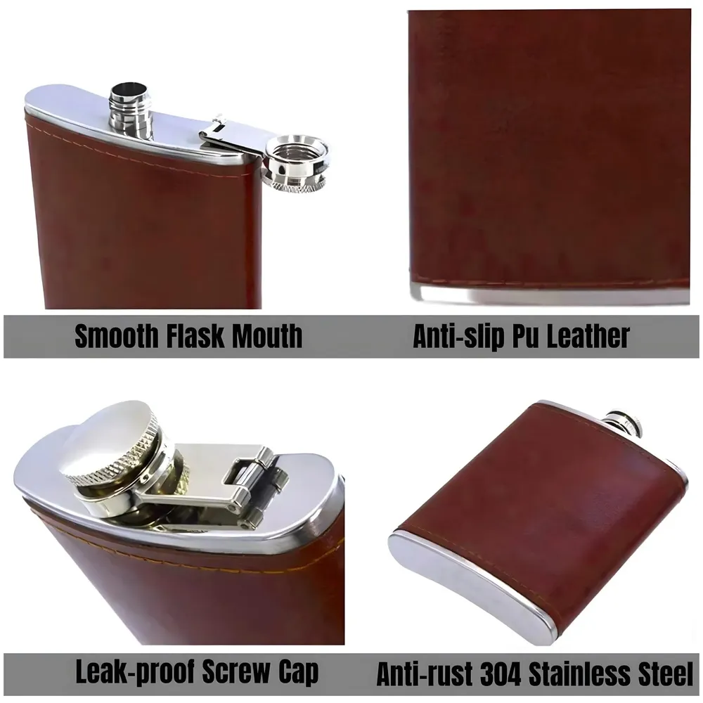 Stainless Steel Hip Flask with Faux Leather Cover – Leak-Proof Pocket Flask for Whiskey, Rum, Vodka, and Spirits – Ideal for Camping, Hiking, and Outdoor Activities 237 ML, Brown - 2