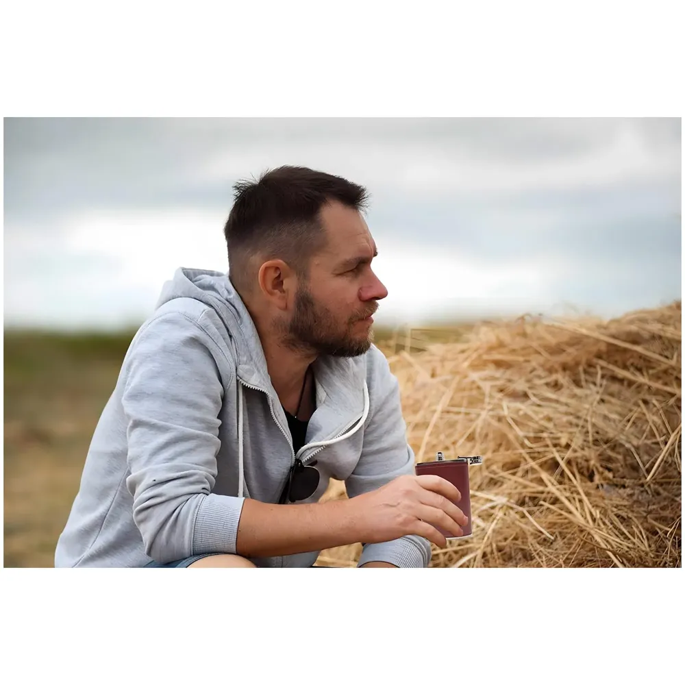 Stainless Steel Hip Flask with Faux Leather Cover – Leak-Proof Pocket Flask for Whiskey, Rum, Vodka, and Spirits – Ideal for Camping, Hiking, and Outdoor Activities 237 ML, Brown - 4