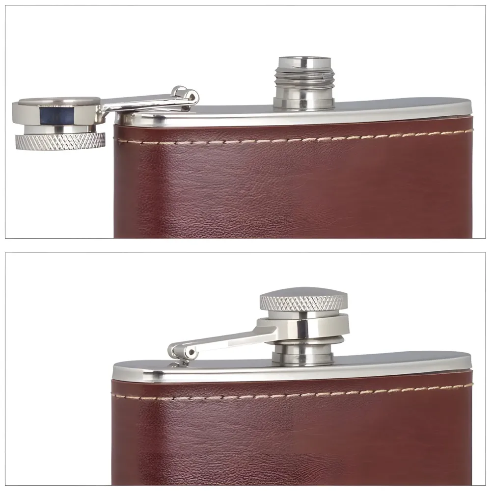 Stainless Steel Hip Flask with Faux Leather Cover – Leak-Proof Pocket Flask for Whiskey, Rum, Vodka, and Spirits – Ideal for Camping, Hiking, and Outdoor Activities 237 ML, Brown - 6