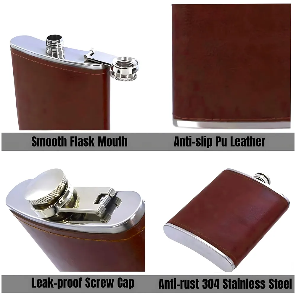 Stainless Steel Hip Flask with Faux Leather Cover – Leak-Proof Pocket Flask for Whiskey, Rum, Vodka, and Spirits – Ideal for Camping, Hiking, and Outdoor Activities 237 ML, Brown
