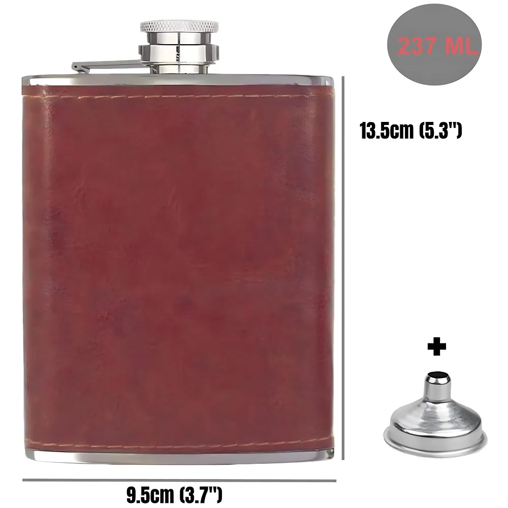 Stainless Steel Hip Flask with Faux Leather Cover – Leak-Proof Pocket Flask for Whiskey, Rum, Vodka, and Spirits – Ideal for Camping, Hiking, and Outdoor Activities 237 ML, Brown