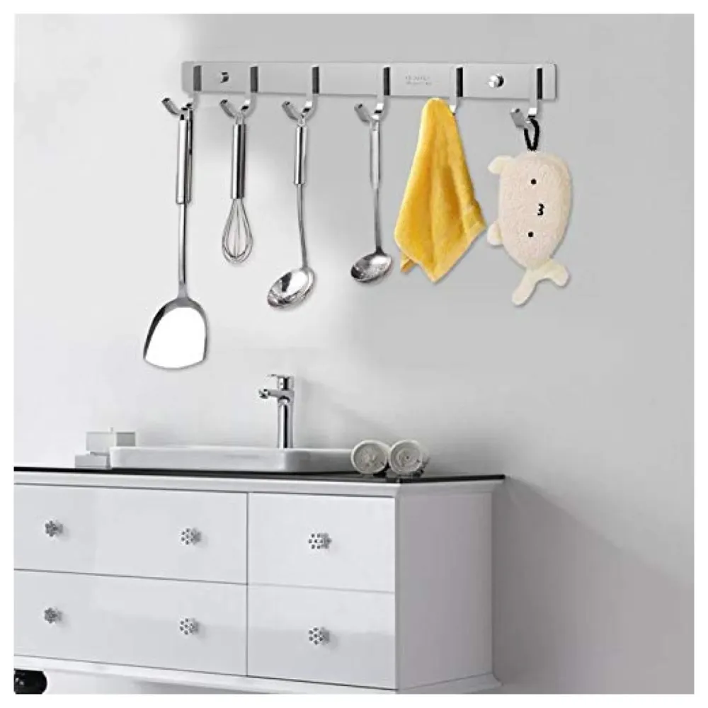 Hook Rack Wall Mounted, Heavy Duty Hook Rail with 6 Round Hooks, 6 - Pronged Hook Rail (Steel Pack of 1) - 3