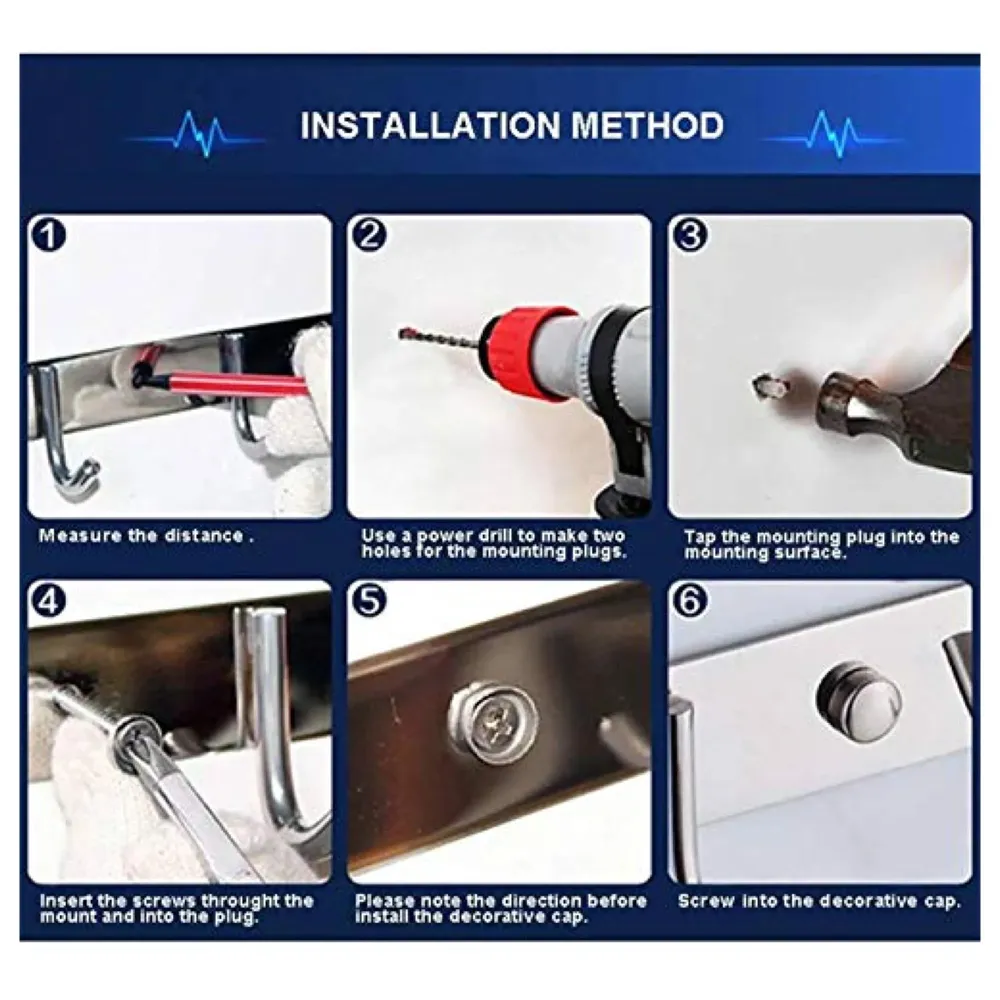 Hook Rack Wall Mounted, Heavy Duty Hook Rail with 6 Round Hooks, 6 - Pronged Hook Rail (Steel Pack of 1)
