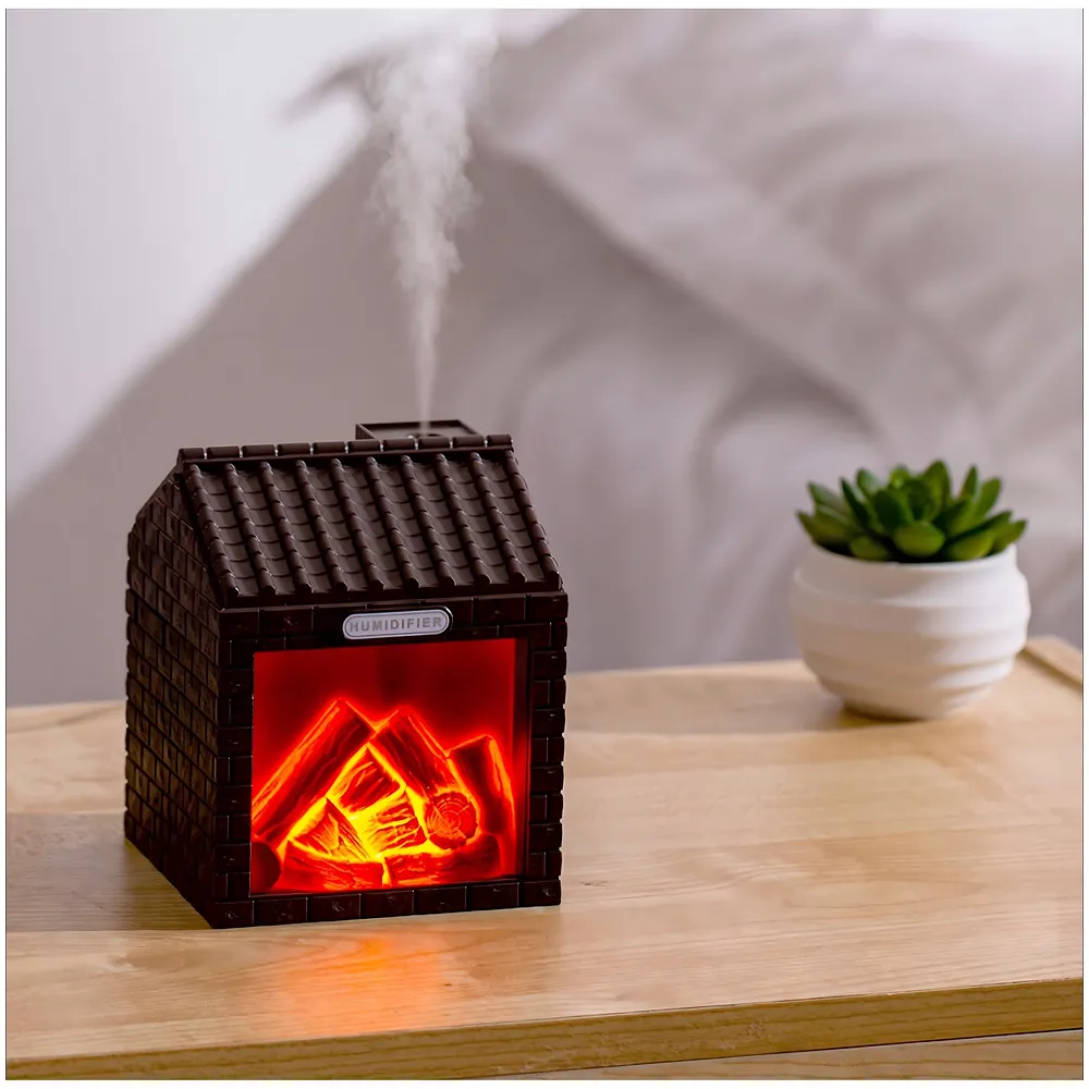 Fireplace Cottage Humidifier & Aroma Diffuser | 3D Glowing Flame Effect Night Light | USB Type-C Powered | Cool Mist Ultrasonic | Compact Desktop Decor | Dark Brown