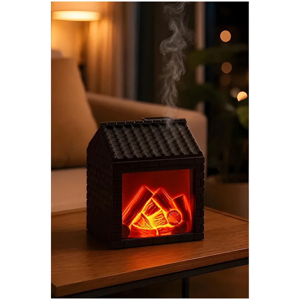 Fireplace Cottage Humidifier & Aroma Diffuser | 3D Glowing Flame Effect Night Light | USB Type-C Powered | Cool Mist Ultrasonic | Compact Desktop Decor | Dark Brown