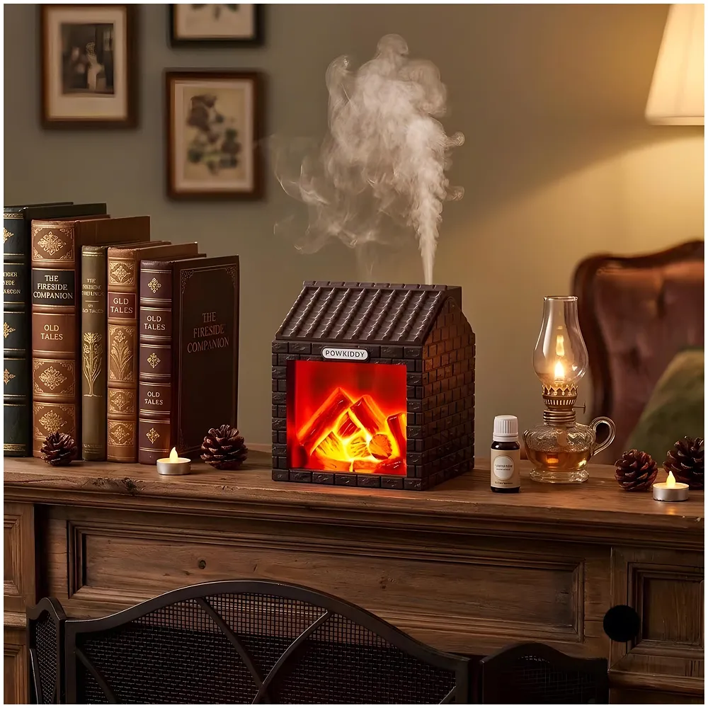 Fireplace Cottage Humidifier & Aroma Diffuser | 3D Glowing Flame Effect Night Light | USB Type-C Powered | Cool Mist Ultrasonic | Compact Desktop Decor | Dark Brown
