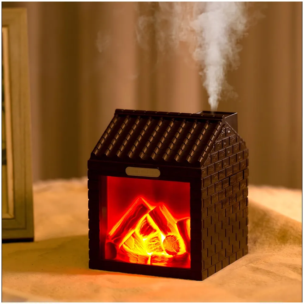 Fireplace Cottage Humidifier & Aroma Diffuser | 3D Glowing Flame Effect Night Light | USB Type-C Powered | Cool Mist Ultrasonic | Compact Desktop Decor | Dark Brown