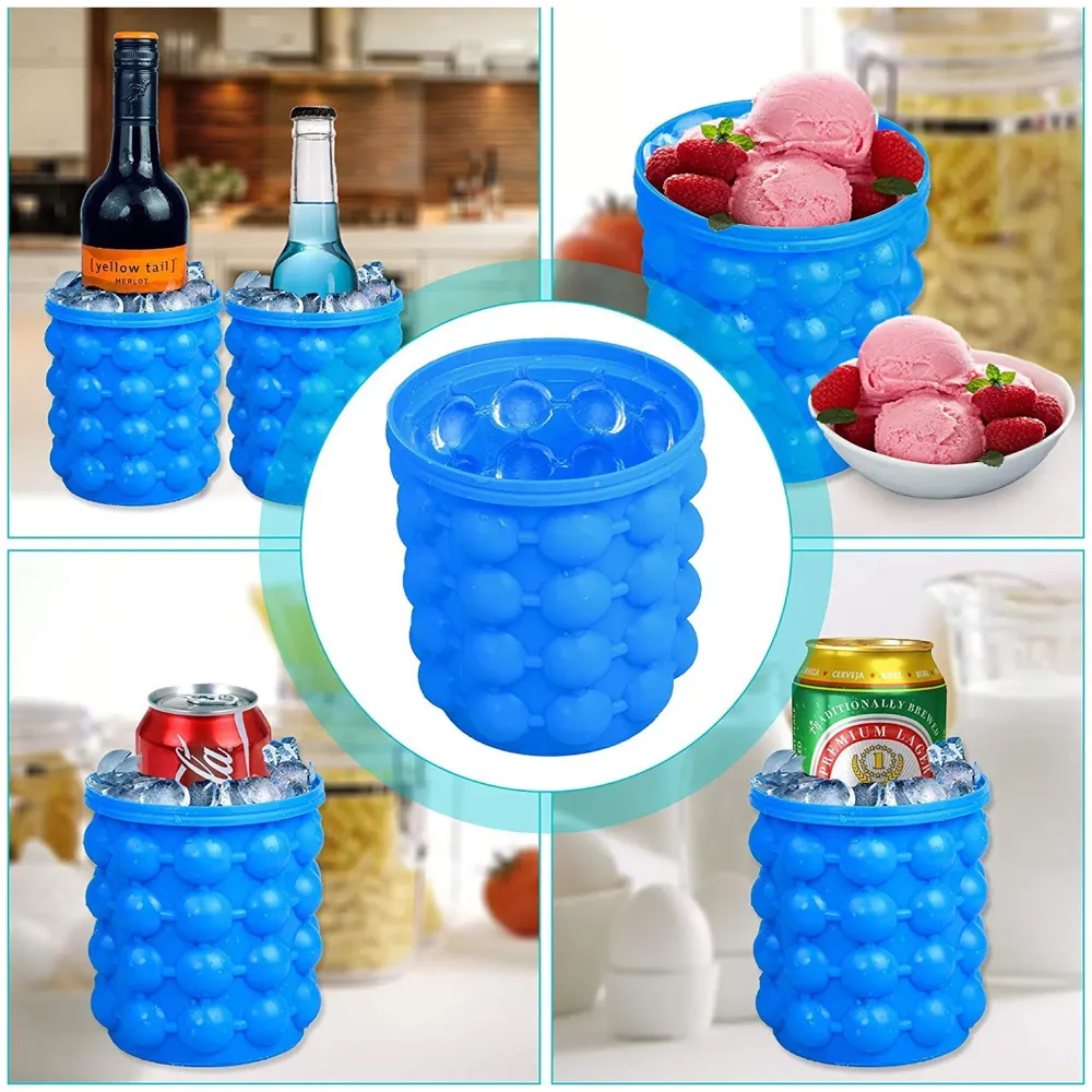 Large 2 in 1 Silicone Ice Bucket and Mould with Lid Maker (5.5 x 5 Inch, Blue) - 2