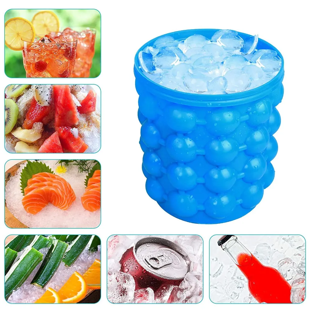 Large 2 in 1 Silicone Ice Bucket and Mould with Lid Maker (5.5 x 5 Inch, Blue) - 3