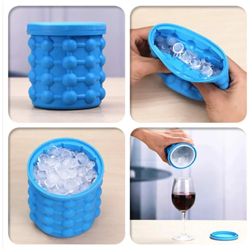 Large 2 in 1 Silicone Ice Bucket and Mould with Lid Maker (5.5 x 5 Inch, Blue) - 4