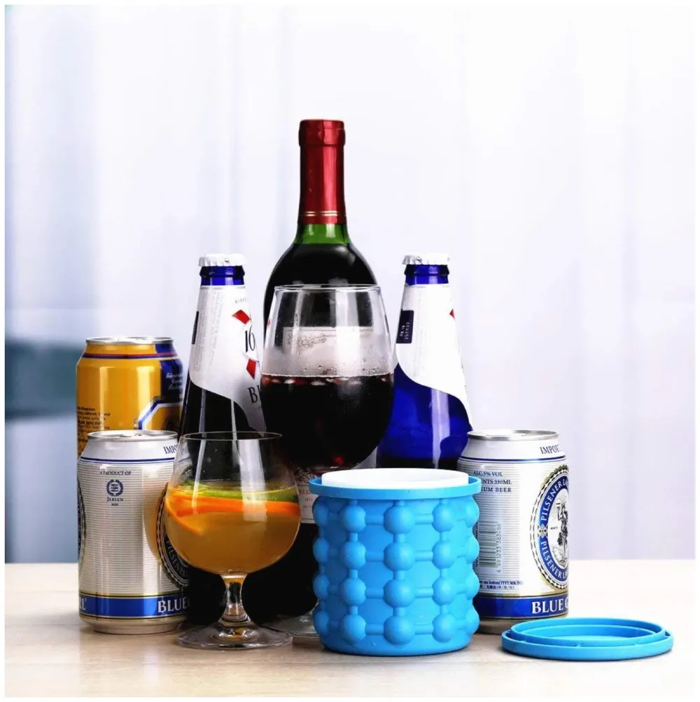 Large 2 in 1 Silicone Ice Bucket and Mould with Lid Maker (5.5 x 5 Inch, Blue) - 5