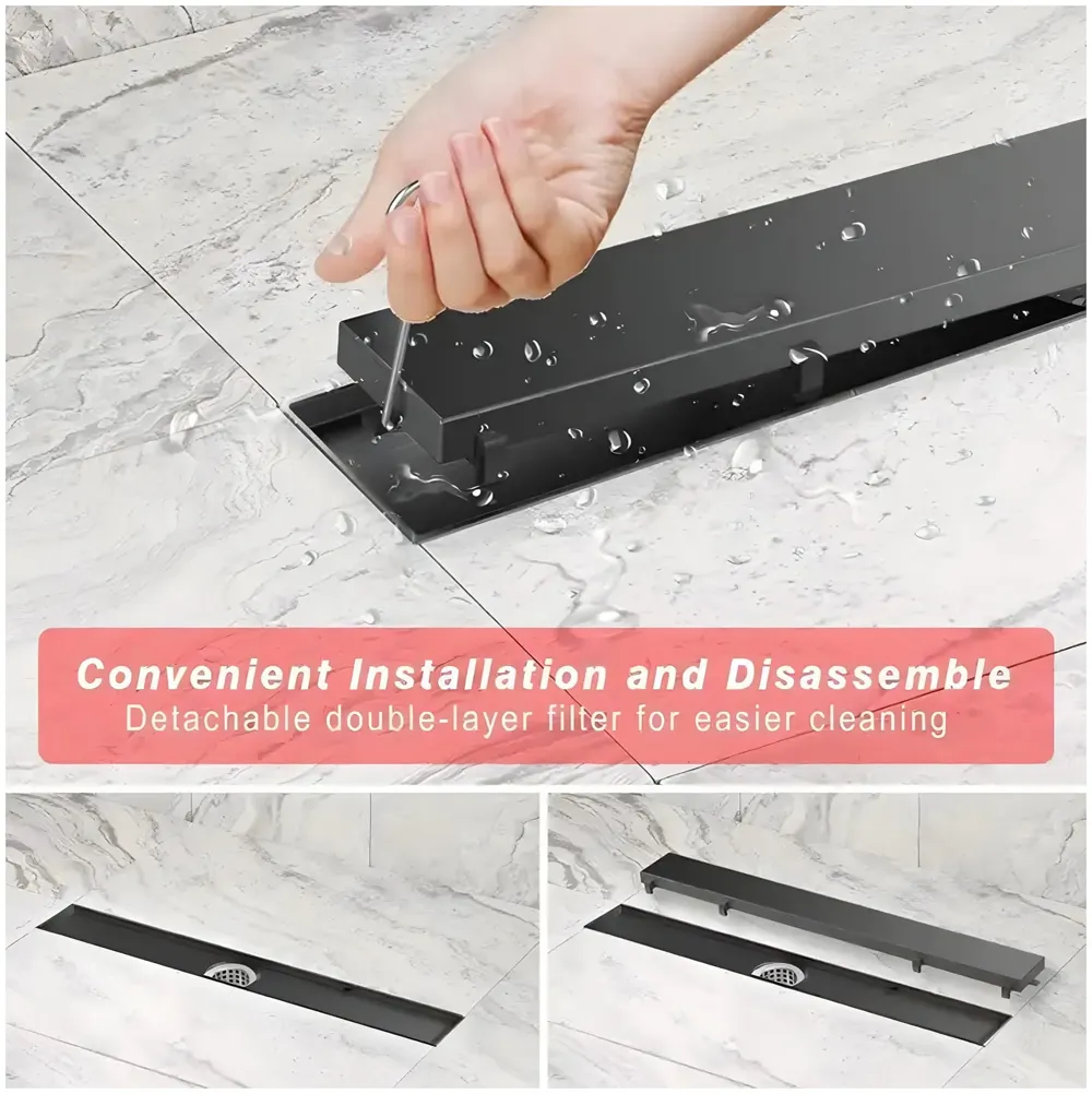 Black 12 x 4 Inches Tile Insert Floor Drain, 304 Stainless Steel Shower Channel, Waste Water Concealed Cockroach Trap 30 Cm (Center Hole)
