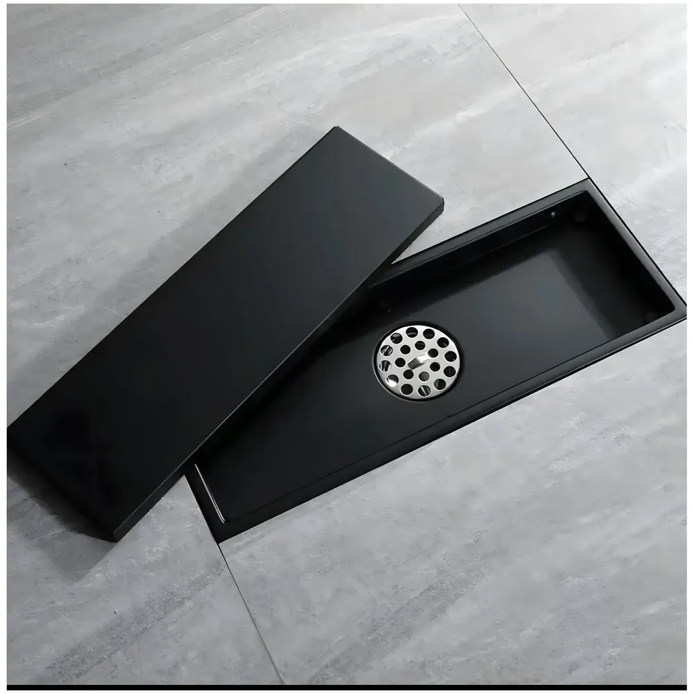 Black 12 x 4 Inches Tile Insert Floor Drain, 304 Stainless Steel Shower Channel, Waste Water Concealed Cockroach Trap 30 Cm (Center Hole)