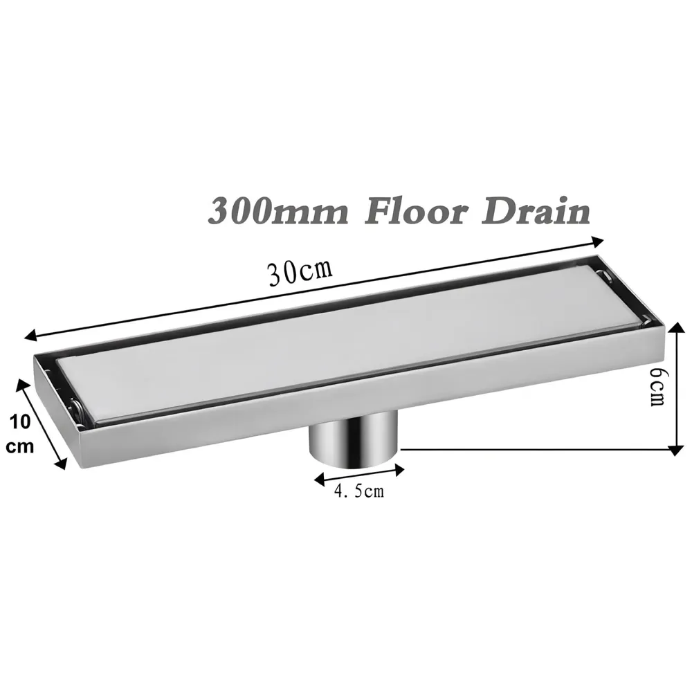 Silver Drain 12 x 4 Inches Tile Insert Floor Drain, 304 Stainless Steel Shower Drain Channel Waste Water Floor Drain for Concealed Tile Drain Channel Cockroach Trap 30 x 10 Cm (Center Hole)