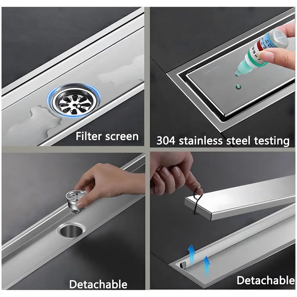 Silver Drain 12 x 4 Inches Tile Insert Floor Drain, 304 Stainless Steel Shower Drain Channel Waste Water Floor Drain for Concealed Tile Drain Channel Cockroach Trap 30 x 10 Cm (Center Hole)