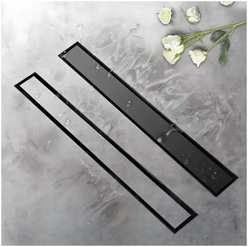 Black Floor Drain, 24 x 4 Inches, Stainless Steel, Brushed Finish, Tile Insert, Cockroach Trap, 60 Cm Center Hole - 2
