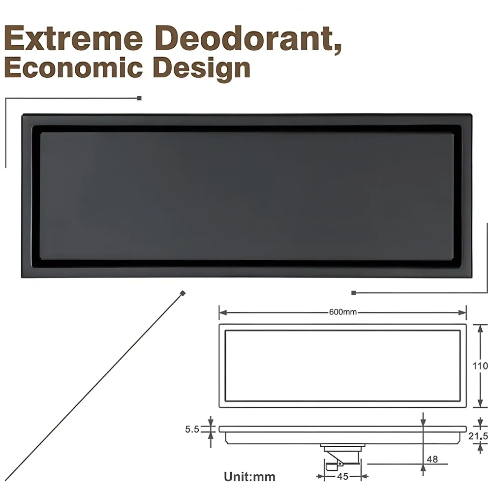 Black Floor Drain, 24 x 4 Inches, Stainless Steel, Brushed Finish, Tile Insert, Cockroach Trap, 60 Cm Center Hole - 3