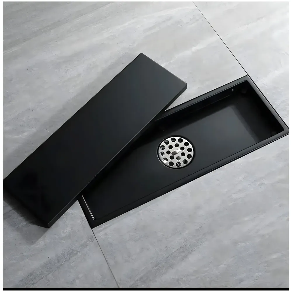 Black Floor Drain, 24 x 4 Inches, Stainless Steel, Brushed Finish, Tile Insert, Cockroach Trap, 60 Cm Center Hole - 5