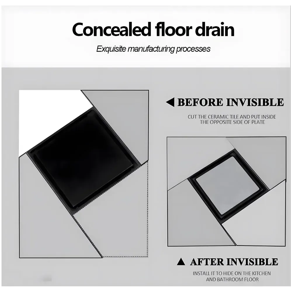 Black Floor Drain 4 x 4 Inches Tile Insert Floor Drain, SS, Invisible Shower Drain Channe Tile Drain Channel with Stainless Steel Cockroach Trap Concealed Matt Black