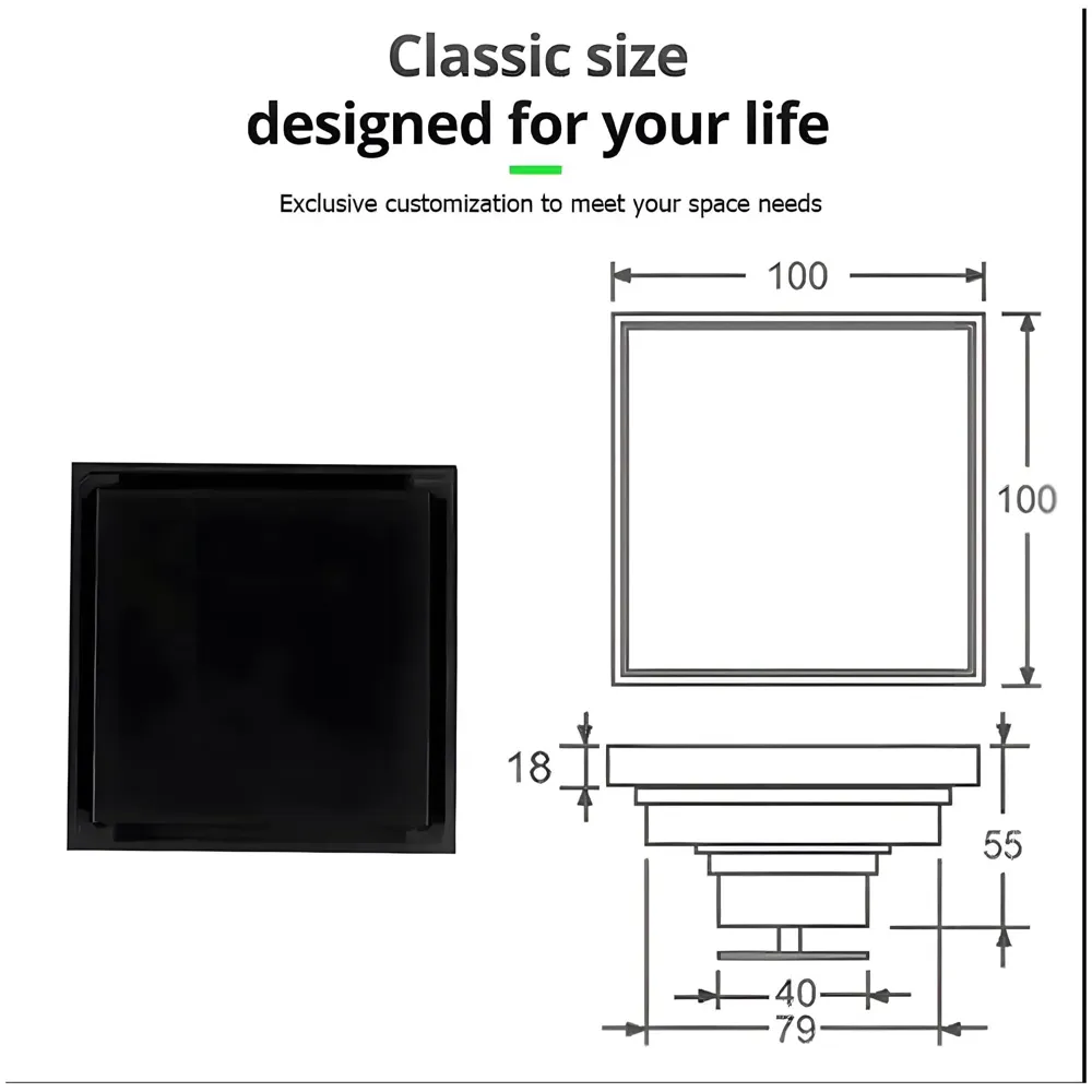 Black Floor Drain 4 x 4 Inches Tile Insert Floor Drain, SS, Invisible Shower Drain Channe Tile Drain Channel with Stainless Steel Cockroach Trap Concealed Matt Black