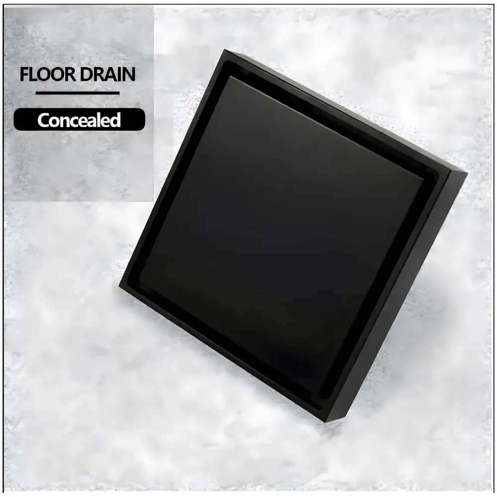 Black Floor Drain 4 x 4 Inches Tile Insert Floor Drain, SS, Invisible Shower Drain Channe Tile Drain Channel with Stainless Steel Cockroach Trap Concealed Matt Black