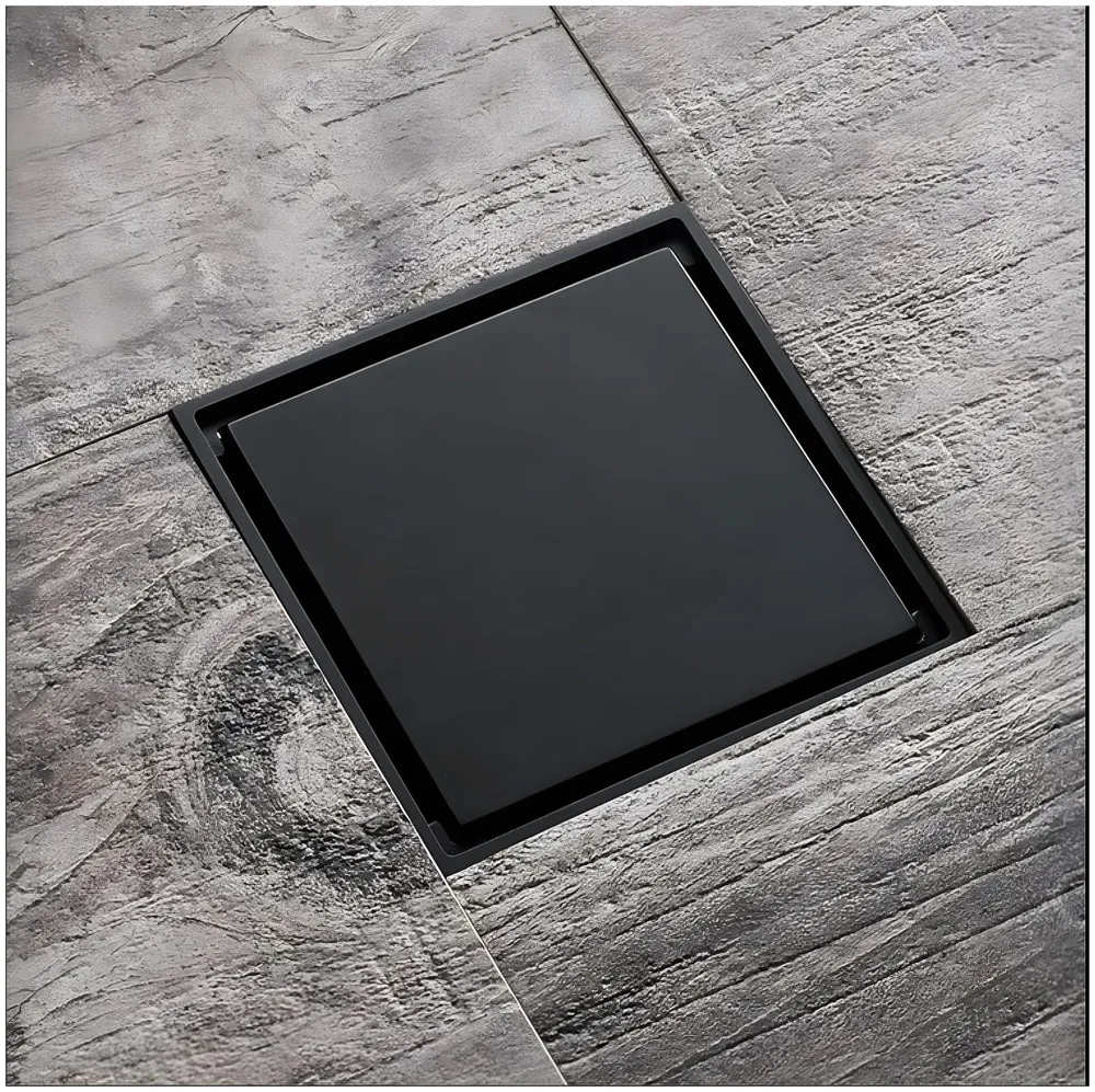 Black Floor Drain 4 x 4 Inches Tile Insert Floor Drain, SS, Invisible Shower Drain Channe Tile Drain Channel with Stainless Steel Cockroach Trap Concealed Matt Black
