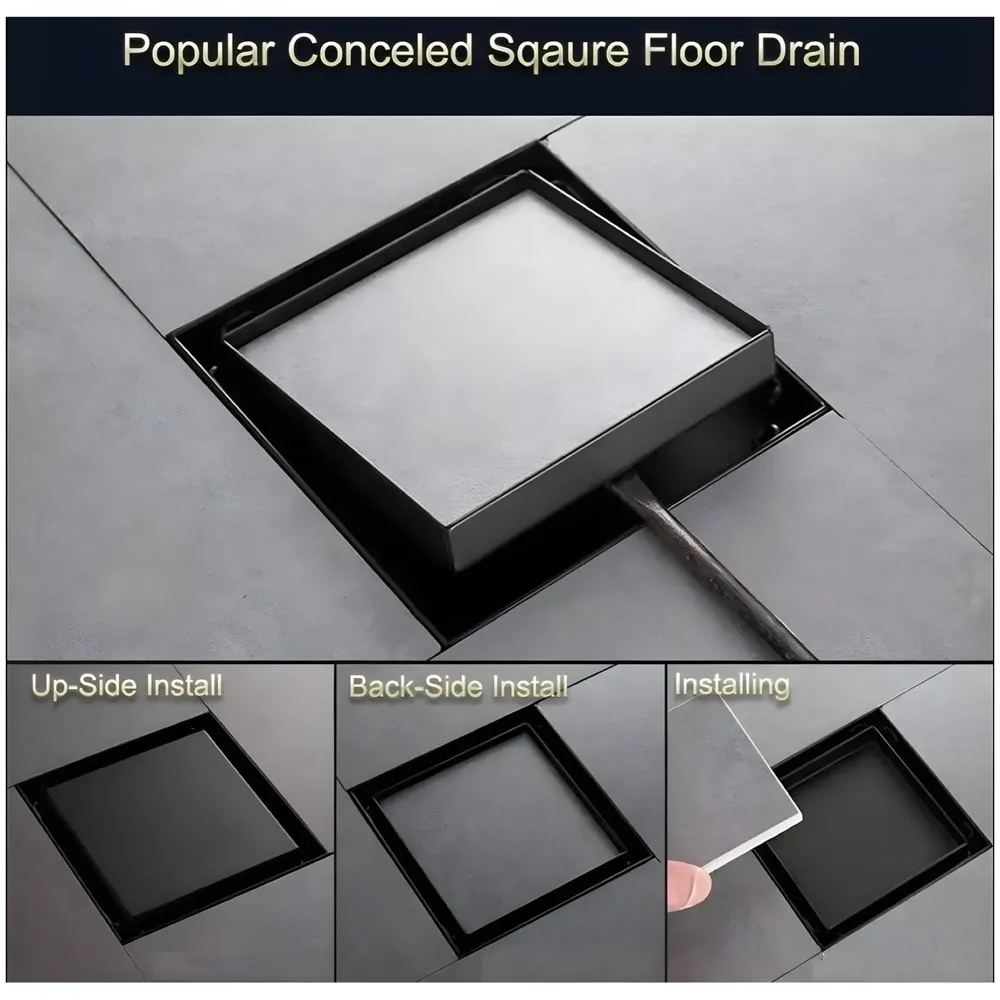 Black Floor Drain 4 x 4 Inches Tile Insert Floor Drain, SS, Invisible Shower Drain Channe Tile Drain Channel with Stainless Steel Cockroach Trap Concealed Matt Black