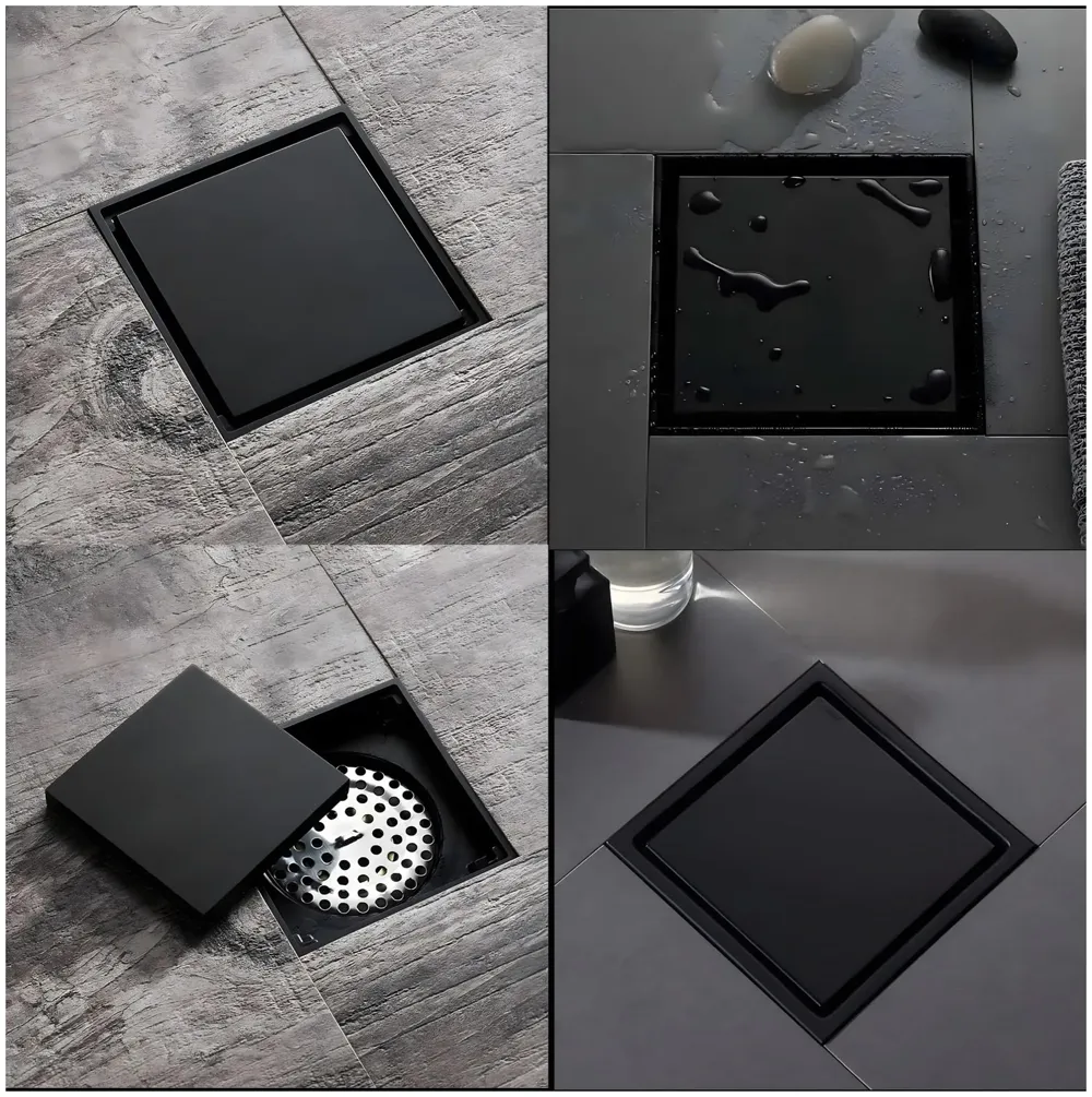 Black Floor Drain 4 x 4 Inches Tile Insert Floor Drain, SS, Invisible Shower Drain Channe Tile Drain Channel with Stainless Steel Cockroach Trap Concealed Matt Black