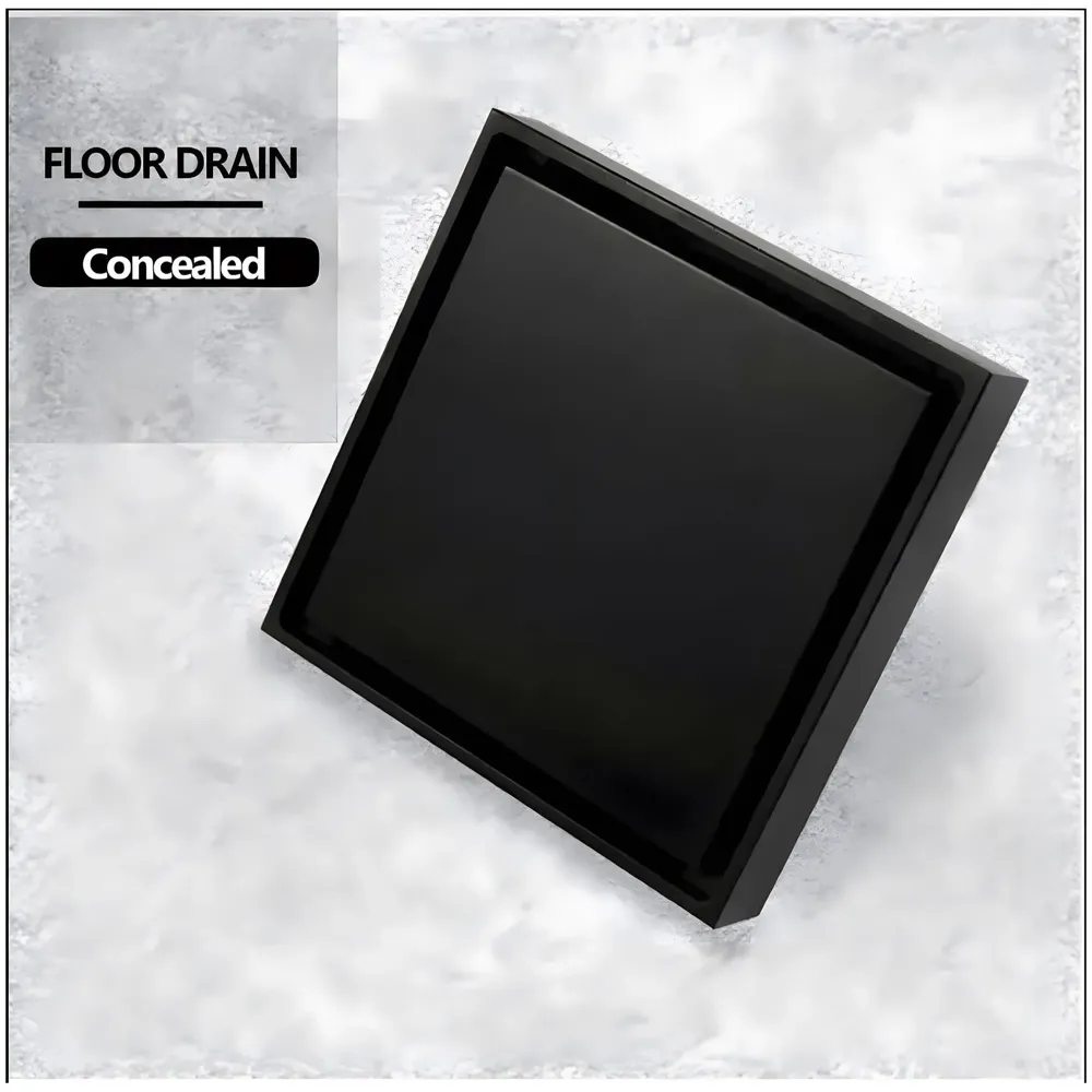 Black Floor Drain 4 x 4 Inches Tile Insert Floor Drain, SS, Invisible Shower Drain Channe Tile Drain Channel with Stainless Steel Cockroach Trap Concealed Matt Black