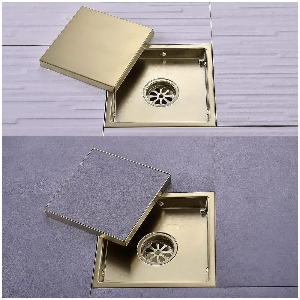 Gold Drain 4 x 4 Inches Tile Insert Floor Drain, 304 Stainless Steel Invisible Shower Drain Channel Waste Water Floor Drain for Tile Drain Channel with Stainless Steel Cockroach Trap