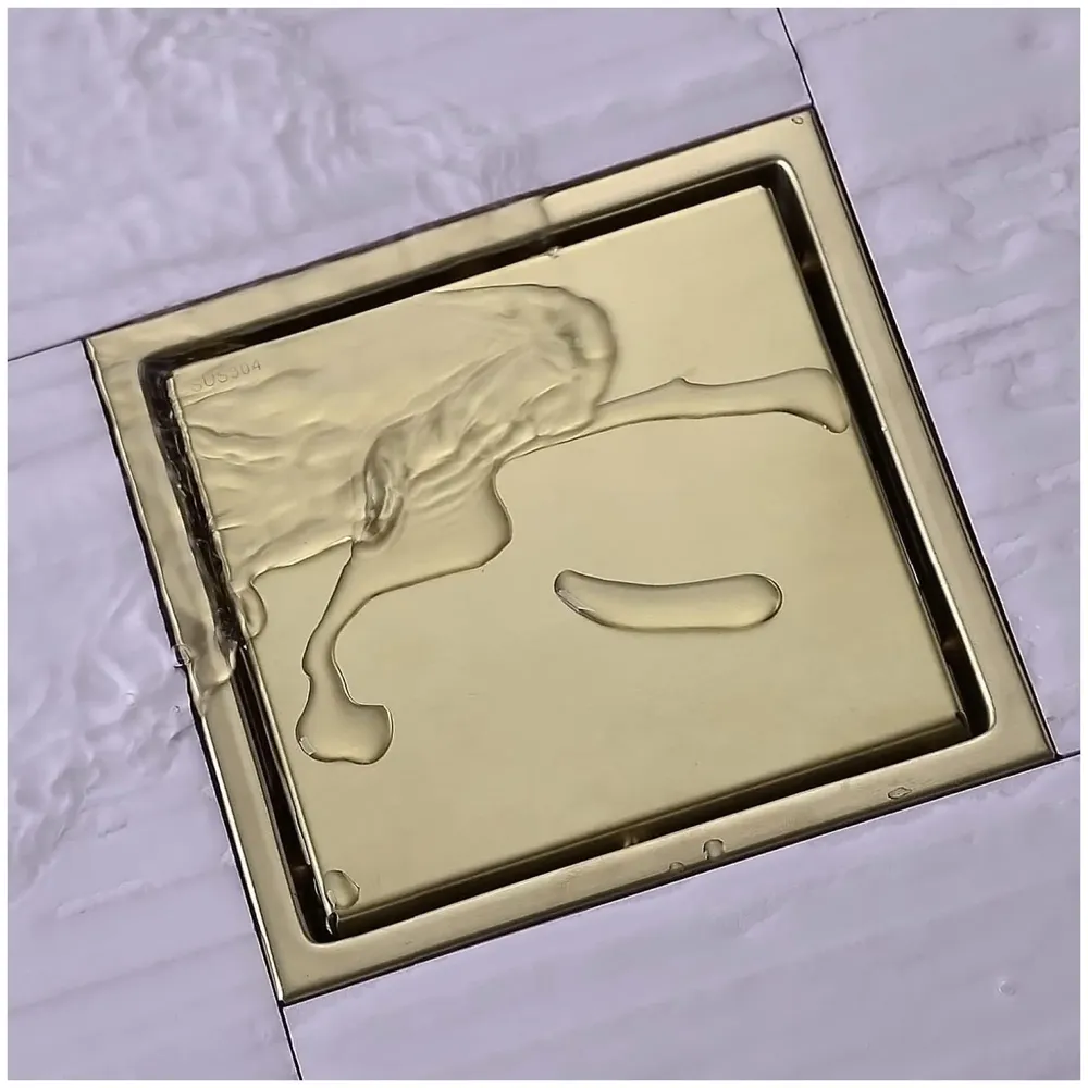Gold Drain 4 x 4 Inches Tile Insert Floor Drain, 304 Stainless Steel Invisible Shower Drain Channel Waste Water Floor Drain for Tile Drain Channel with Stainless Steel Cockroach Trap