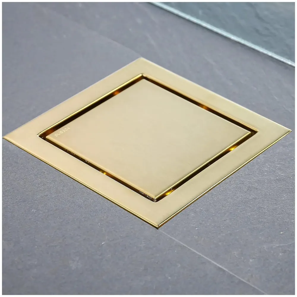 Gold Drain 4 x 4 Inches Tile Insert Floor Drain, 304 Stainless Steel Invisible Shower Drain Channel Waste Water Floor Drain for Tile Drain Channel with Stainless Steel Cockroach Trap