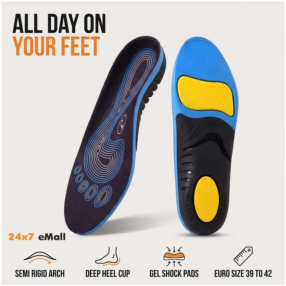 Insoles for Flat Feet Plantar Fasciitis for Men & Women – Arch Support Orthotic Gel Insoles with Shock Absorption, Achilles Tendonitis, Heel Spur & Foot Pain Relief – Blue & Black - 35- 38 Euro Size (39-42 Euro)