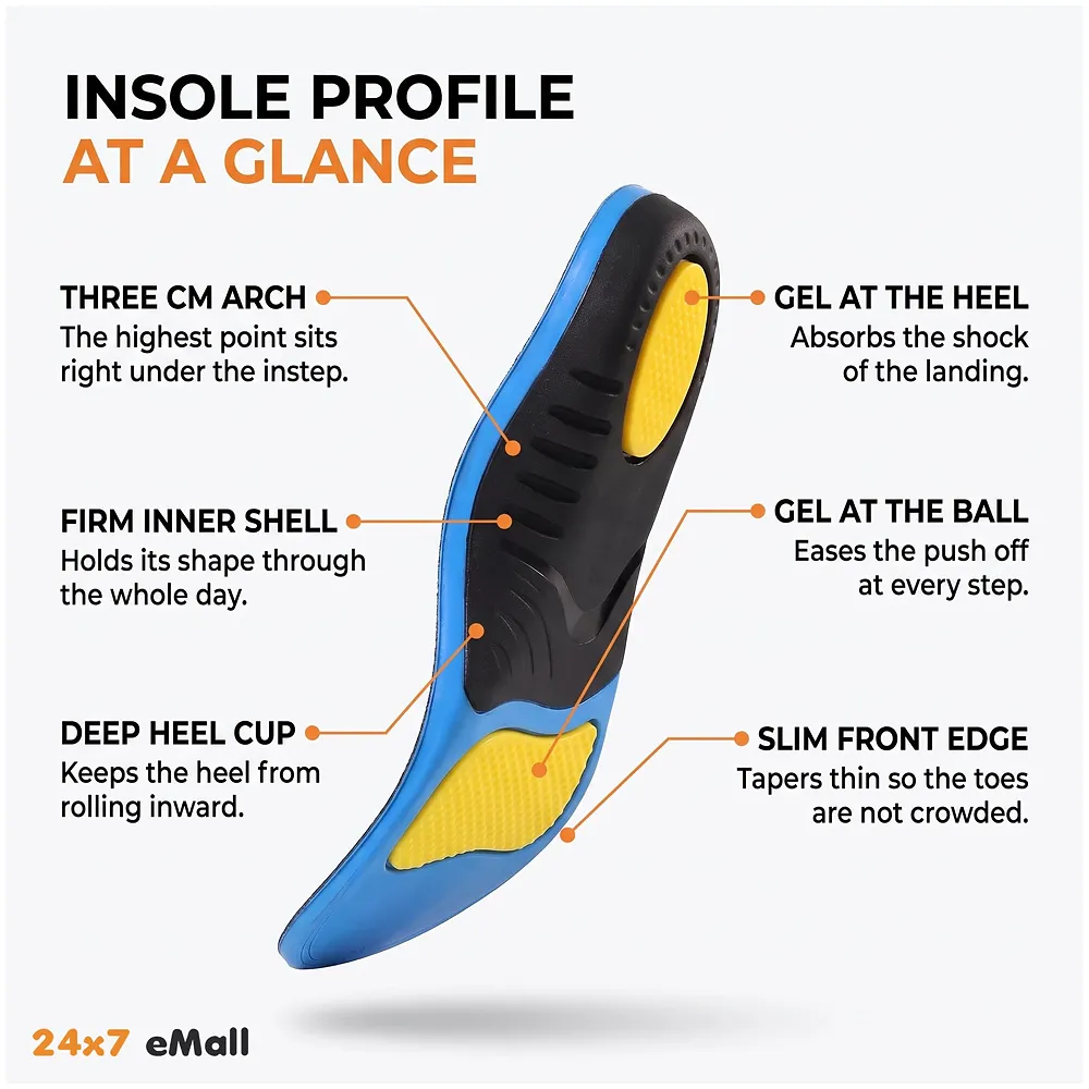 Insoles for Flat Feet Plantar Fasciitis for Men & Women – Arch Support Orthotic Gel Insoles with Shock Absorption, Achilles Tendonitis, Heel Spur & Foot Pain Relief – Blue & Black - 35- 38 Euro Size (39-42 Euro)
