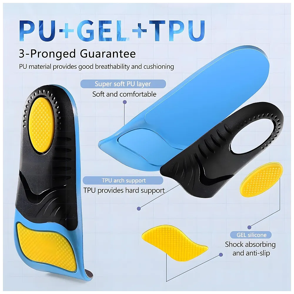 Insoles for Flat Feet Plantar Fasciitis for Men & Women – Arch Support Orthotic Gel Insoles with Shock Absorption, Achilles Tendonitis, Heel Spur & Foot Pain Relief – Blue & Black - 35- 38 Euro Size (39-42 Euro)