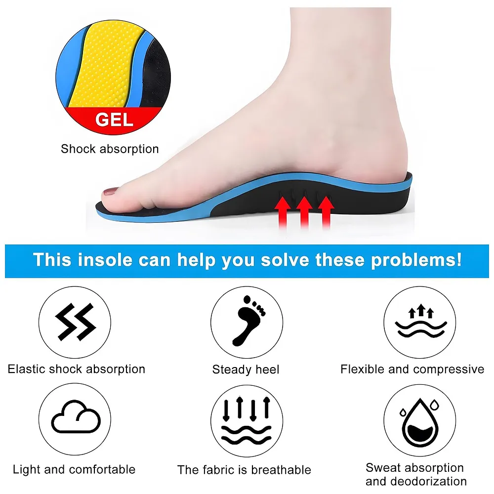 Insoles for Flat Feet Plantar Fasciitis for Men & Women – Arch Support Orthotic Gel Insoles with Shock Absorption, Achilles Tendonitis, Heel Spur & Foot Pain Relief – Blue & Black - 35- 38 Euro Size (39-42 Euro)