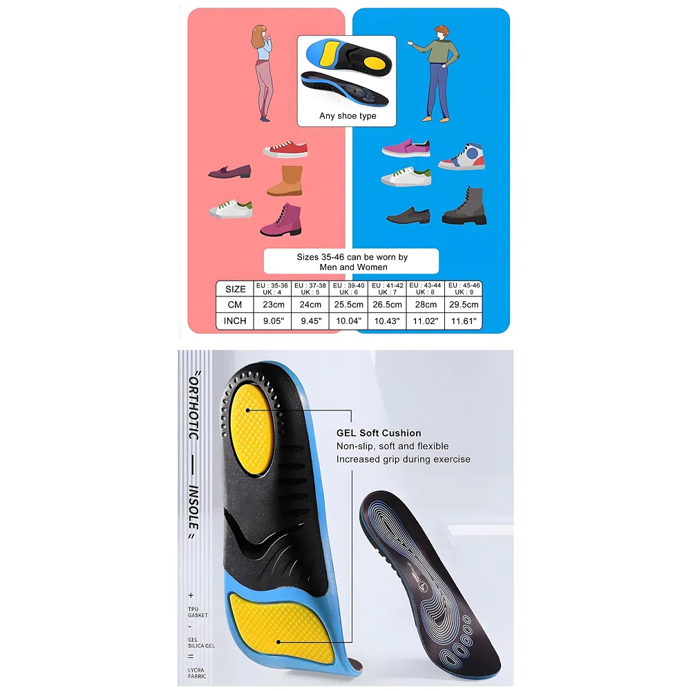 Insoles for Flat Feet Plantar Fasciitis for Men & Women – Arch Support Orthotic Gel Insoles with Shock Absorption, Achilles Tendonitis, Heel Spur & Foot Pain Relief – Blue & Black - 35- 38 Euro Size (39-42 Euro)