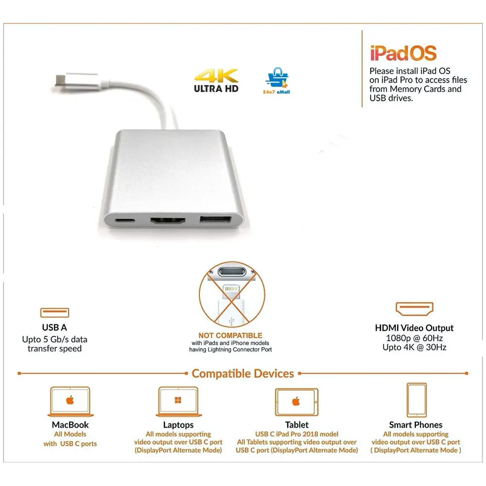 Type C USB Hub Compatible with iPad Pro Includes HDMI Port, Type A and Type C ~ 3 in 1
