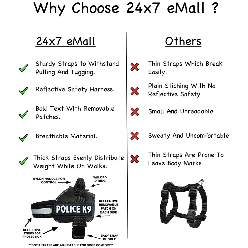 Dog K9 Police Dog Harness Vest with Hook and Loop Straps and Handle and Adjustable (M- 22-28 Inch Girth, Black)