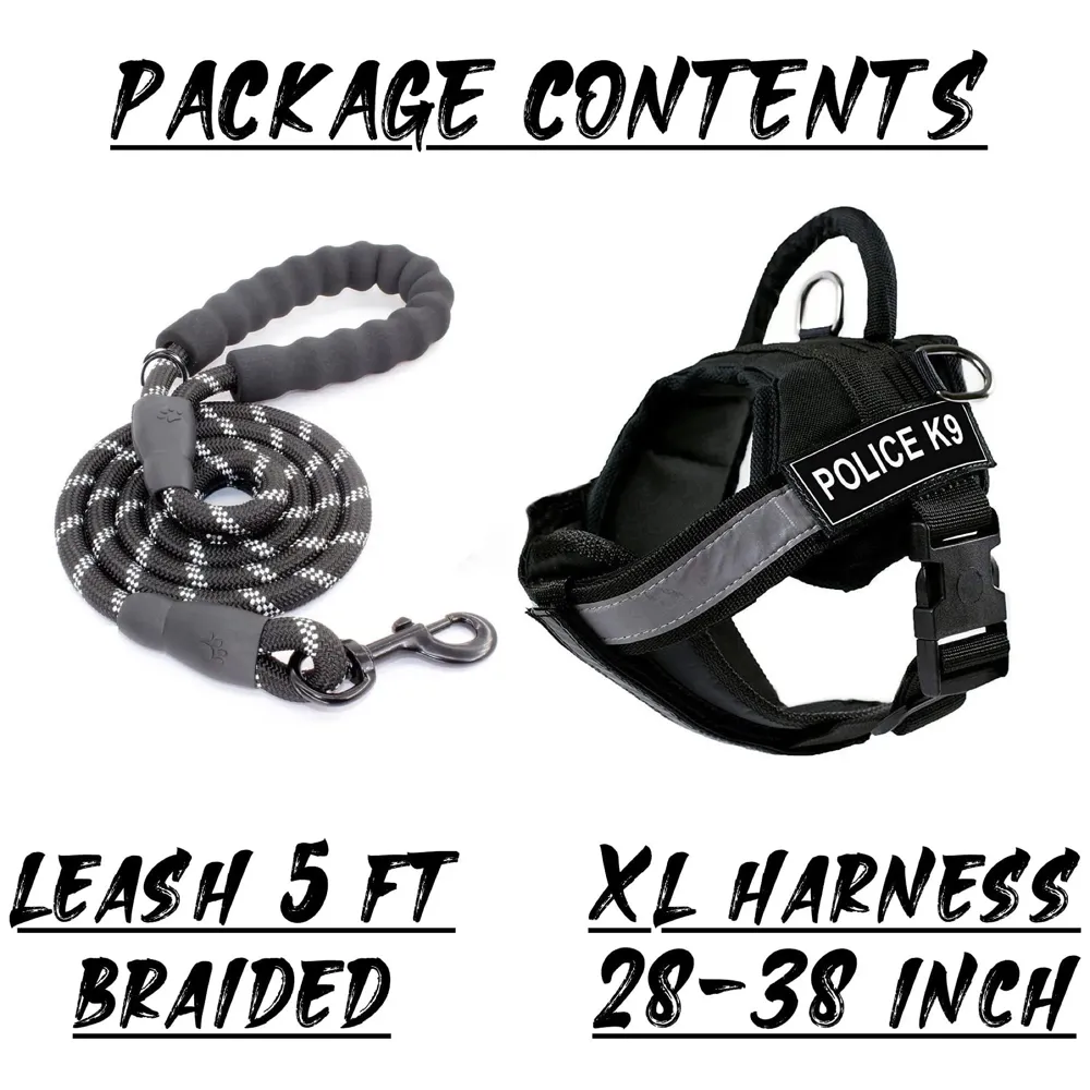 Dog K9 Police Harness Dog Vest Combo with 5ft Leash with Handle and Adjustable XL- 28-38 Inch Girth
