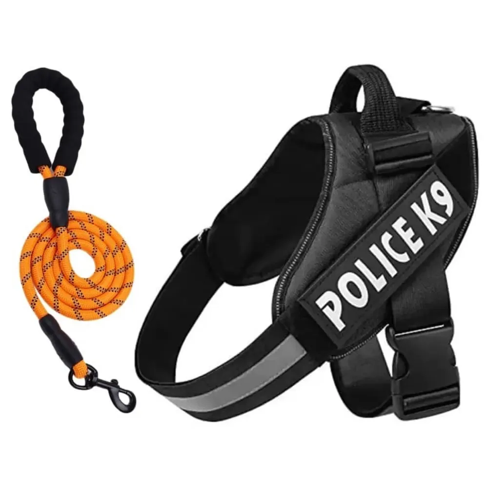 Dog K9 Police Harness Dog Vest Combo Black and Orange with 5ft Leash with Handle and Adjustable XL- 28-38 Inch Girth
