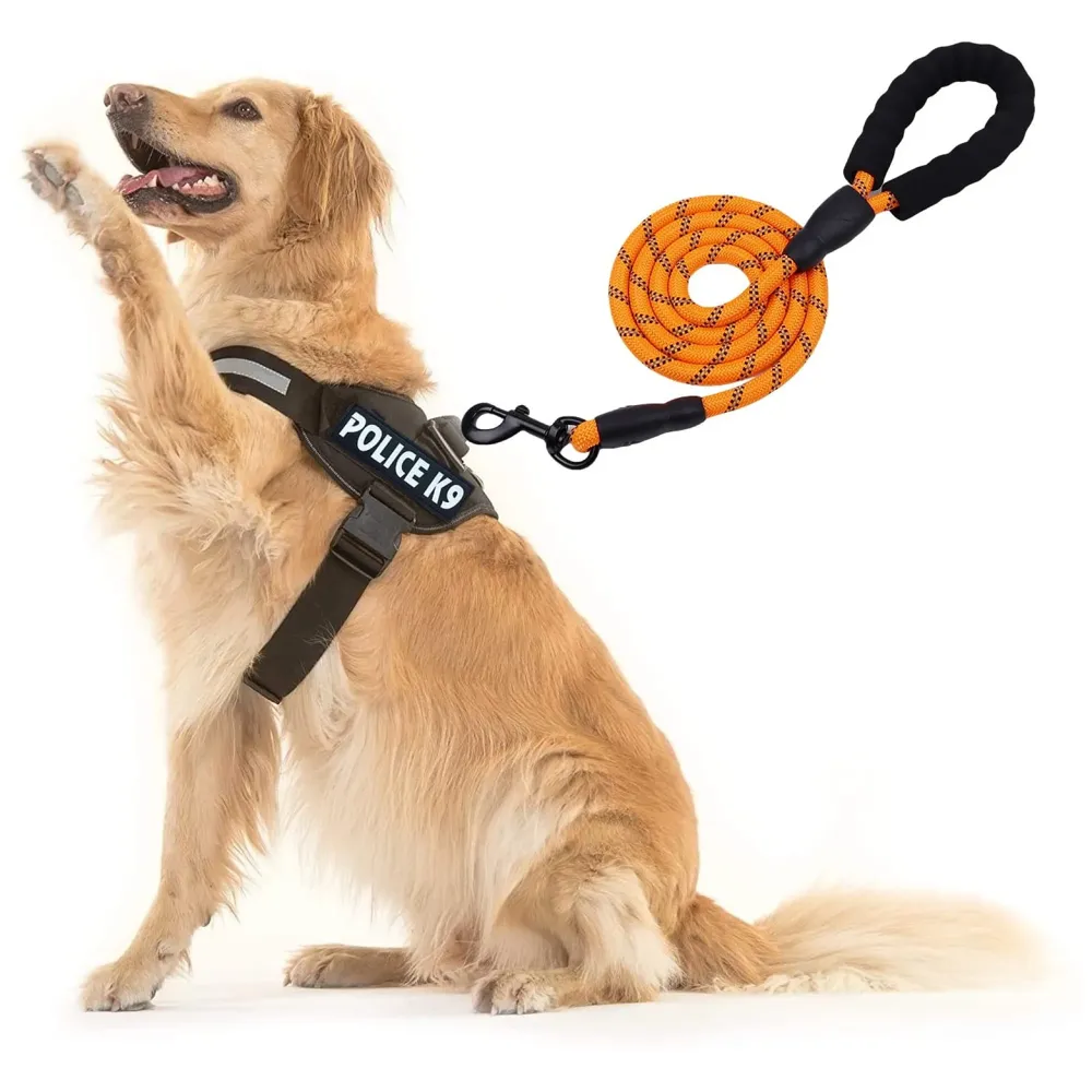 Dog K9 Police Harness Dog Vest Combo Black and Orange with 5ft Leash with Handle and Adjustable XL- 28-38 Inch Girth