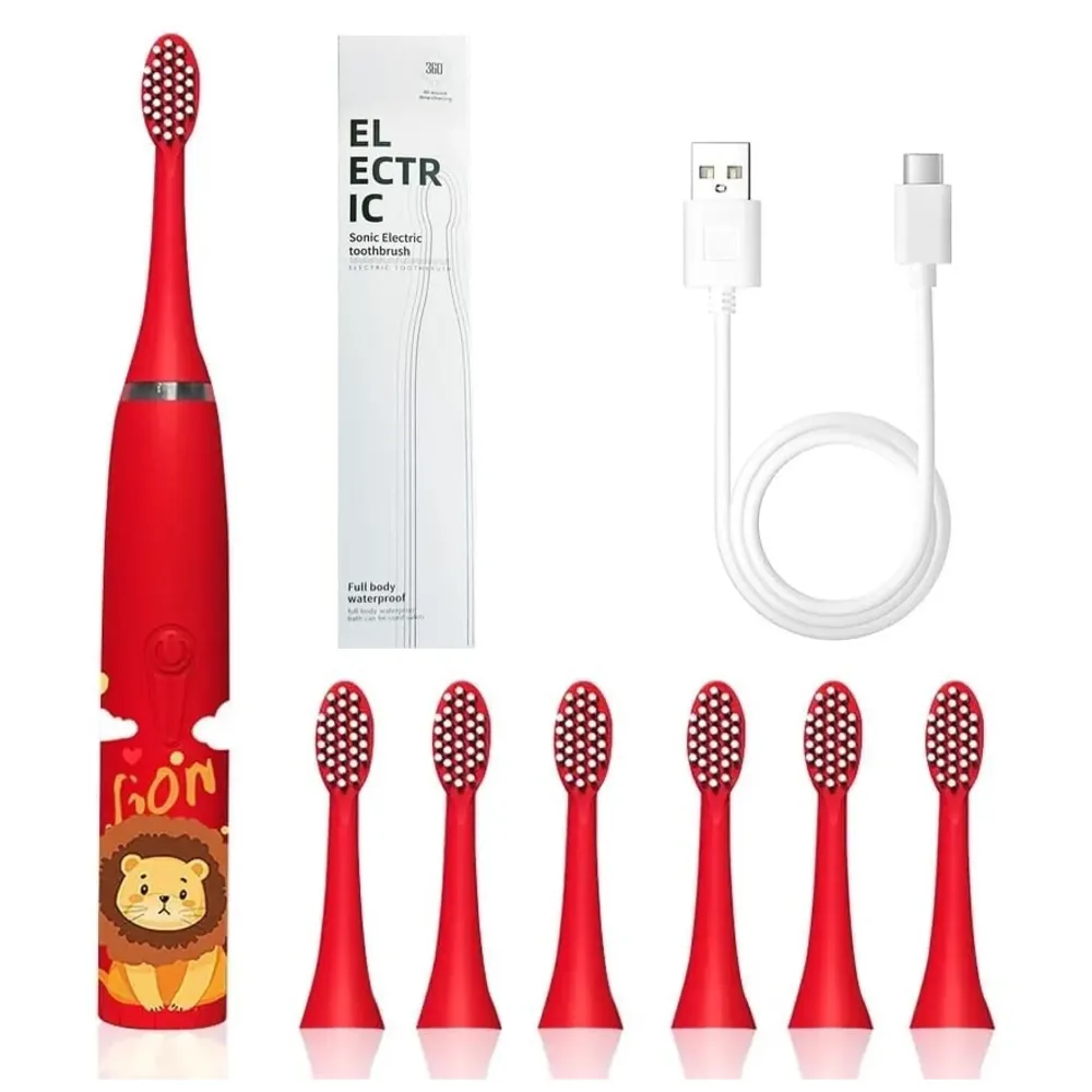 Bioline Kids Children Electric Automatic Toothbrush Kit With 6 Brushes, Cleaning Lion Cartoon Animals Tooth Cleaner Set Oral Care Electric Toothbrush Dental Tools For Age 3-15 Years, 1 Piece,White