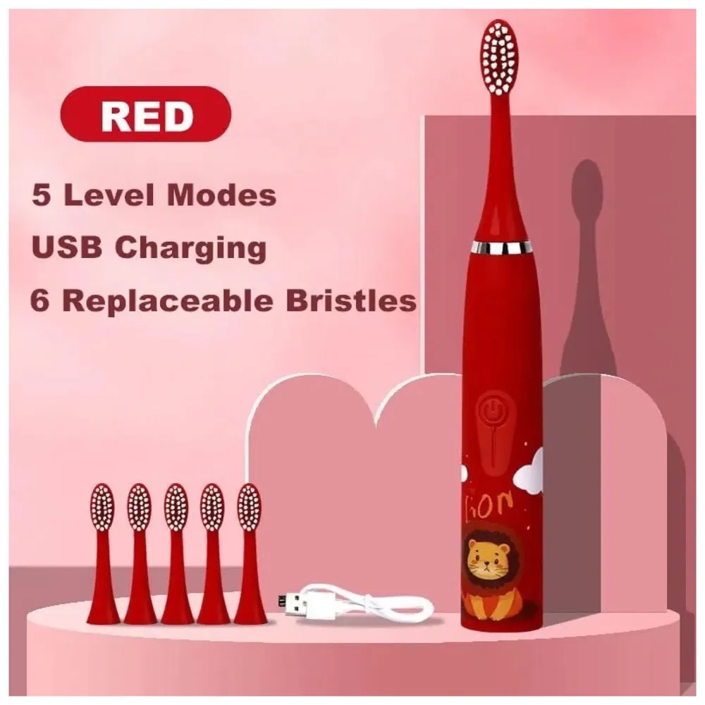 Bioline Kids Children Electric Automatic Toothbrush Kit With 6 Brushes, Cleaning Lion Cartoon Animals Tooth Cleaner Set Oral Care Electric Toothbrush Dental Tools For Age 3-15 Years, 1 Piece,White - 2