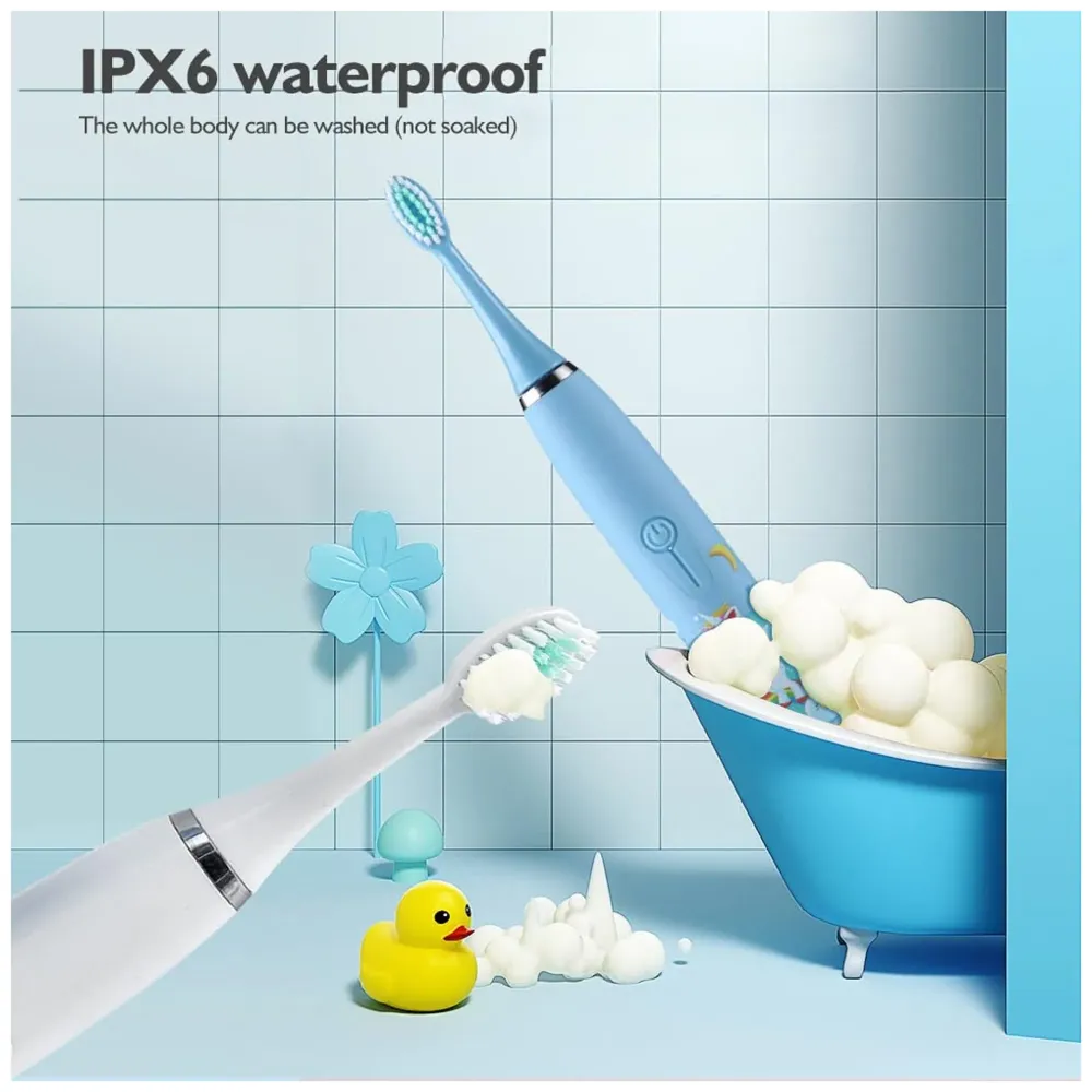 Bioline Kids Children Electric Automatic Toothbrush Kit With 6 Brushes, Cleaning Lion Cartoon Animals Tooth Cleaner Set Oral Care Electric Toothbrush Dental Tools For Age 3-15 Years, 1 Piece,White - 4