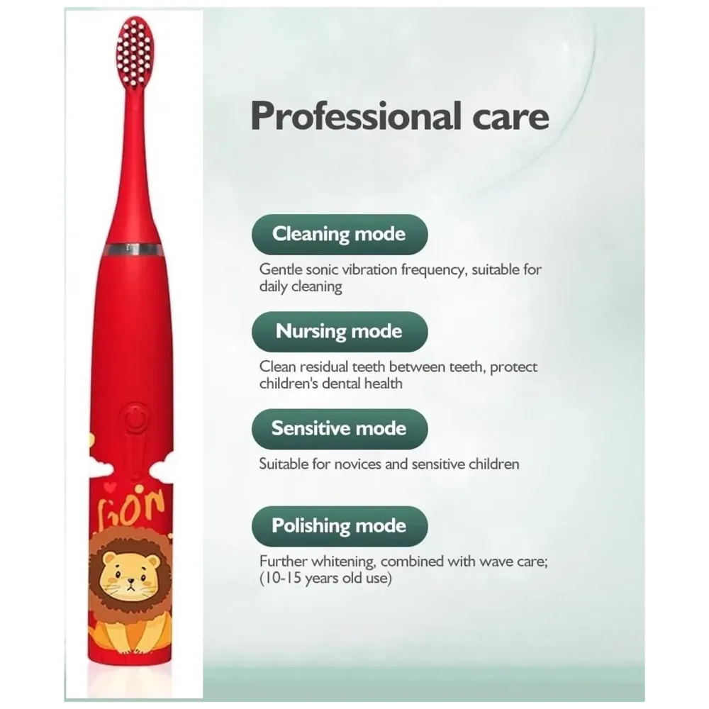 Bioline Kids Children Electric Automatic Toothbrush Kit With 6 Brushes, Cleaning Lion Cartoon Animals Tooth Cleaner Set Oral Care Electric Toothbrush Dental Tools For Age 3-15 Years, 1 Piece,White - 5