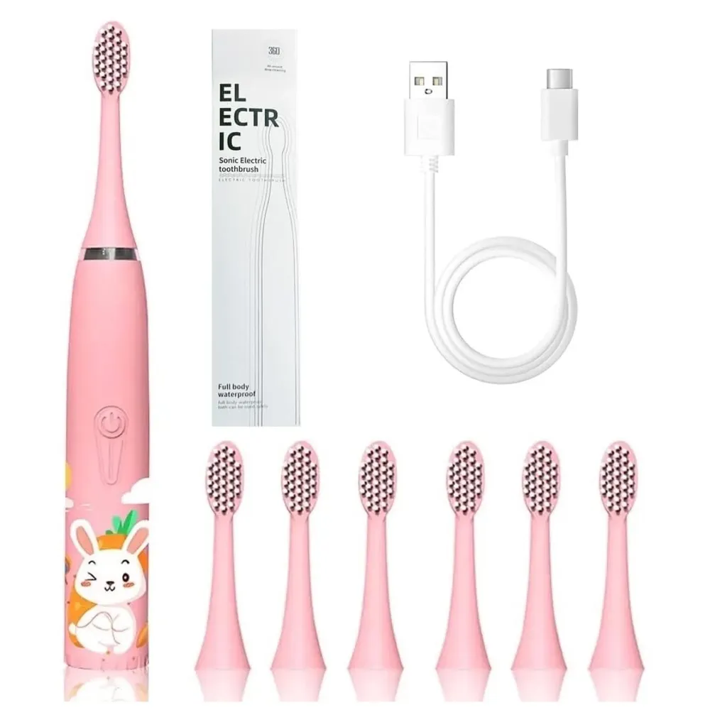 Bioline Kids Children Electric Automatic Toothbrush Kit With 6 Brushes,4 Modes Of Bunny Pink Cartoon Animals Tooth Cleaner Set Oral Care Electric Toothbrush Dental Tools For Age 3-15 Years - 1 Piece